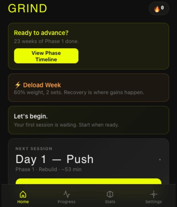 GRIND, home screen