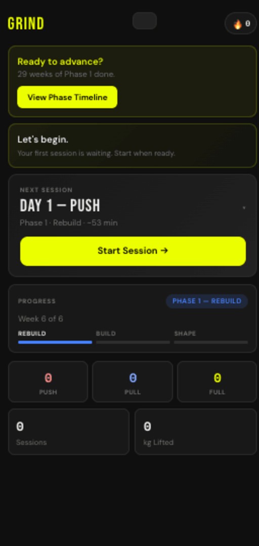 GRIND home screen, current phase and today’s session