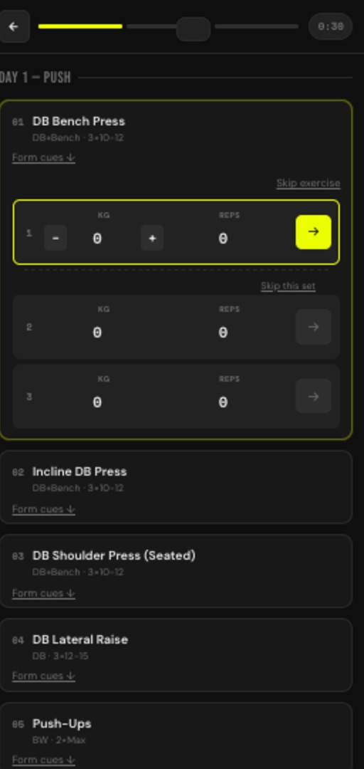 GRIND workout screen, today’s generated targets
